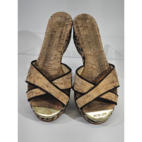 DMS Women's 36 Jimmy Choo Cork Wedge Leopard Peep Toe High Heels Pumps Slides - Picture 5 of 12